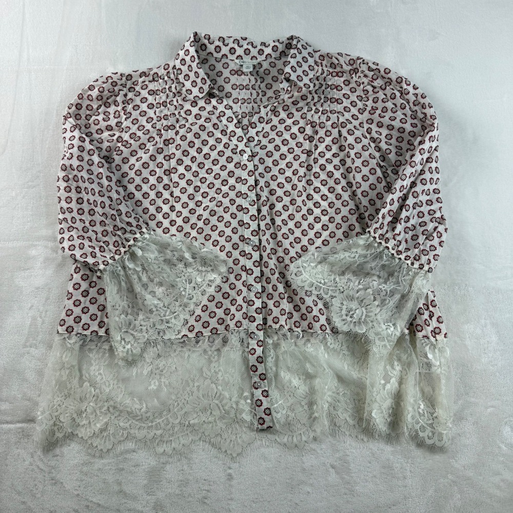 Cato Lace Peasant Blouse Womens XL White Red Boho Geometric Bell Sleeve Pintuck